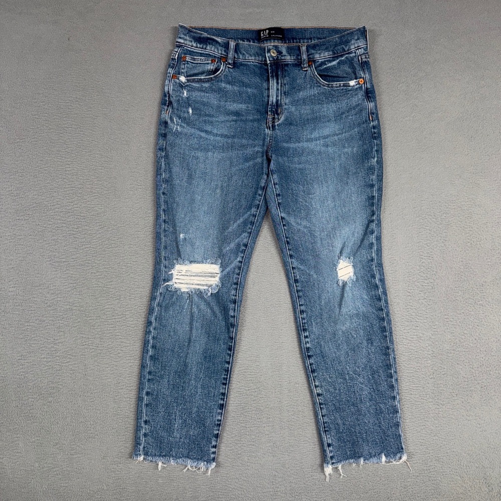 Gap Jeans Womens 8 (Fits 32) Blue Girlfriend Distressed Raw Hem Mid Rise Denim
